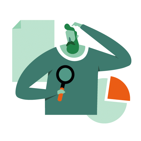 Un homme avec une loupe occupé à analyser un diagramme circulaire.