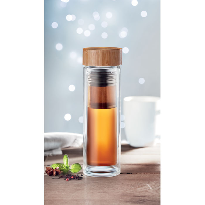 Gourde double paroi en verre borosilicate et couvercle en bambou avecinfuseur à thé