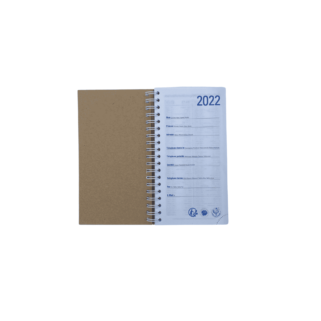 agenda 2023 français en papier recycleé et cuir recyclé personnalisable