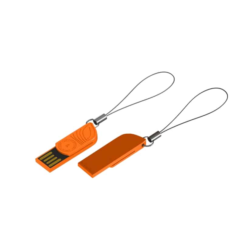 Une clé USB Key Pop orange avec un cordon attaché, parfaite pour les personnes soucieuses de l'environnement à la recherche d'une option biodégradable dans le domaine des clés USB.