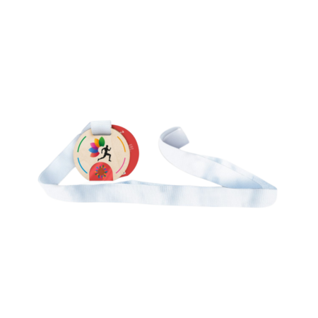 Un cordon Médaille en bois avec graines personnalisable et française blanc avec une boule rouge dessus, parfait pour soutenir votre équipe préférée lors d'événements sportifs.