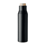 Une Gourde isotherme en acier inox avec bouchon en bois - 500ml noire et écologique sur un fond blanc.