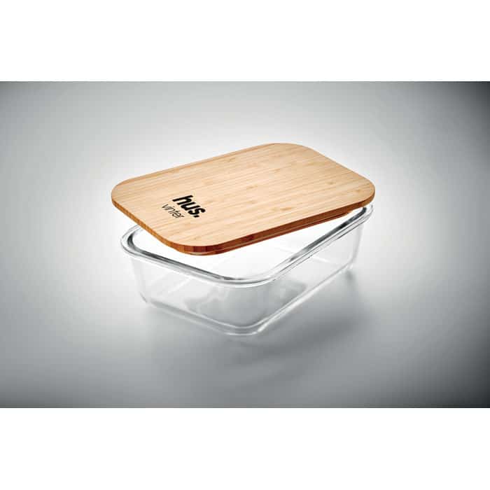 Lunchbox en verre avec couvercle en bambou et bande en silicone