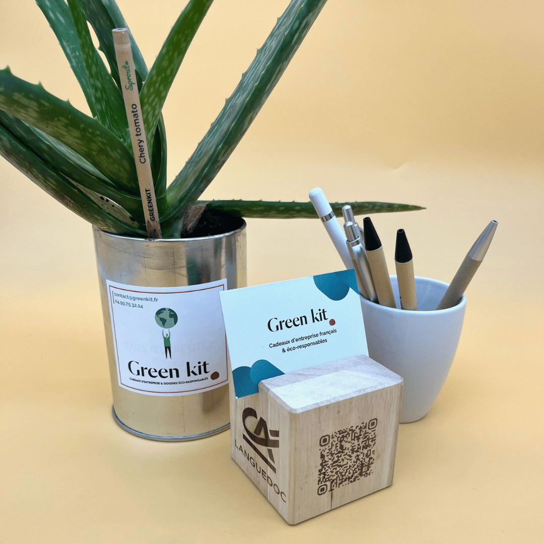 cube en bois personnalisable avec une plante et des stylos