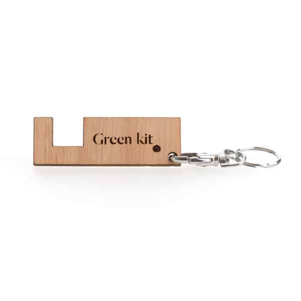 Un Porte-Clés avec Support de Téléphone en Bois Fin & Personnalisable avec le mot "kit vert" dessus.
