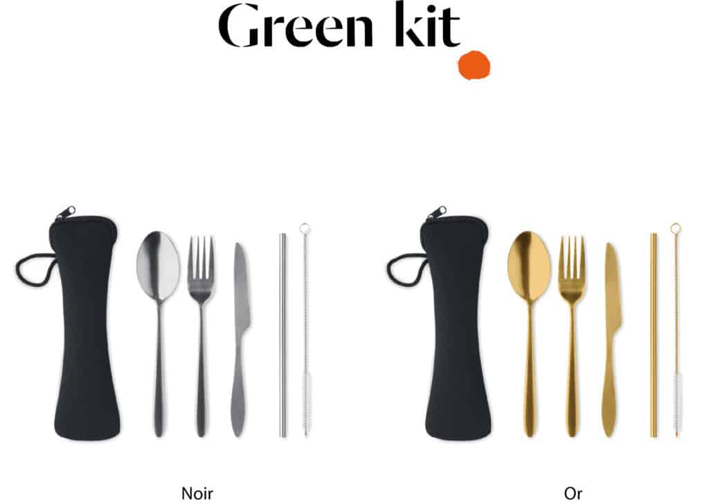 Un ensemble coloré de Parapluie Droit en PET recyclé - Manche en Bois Courbé, couteaux, fourchettes et cuillères.