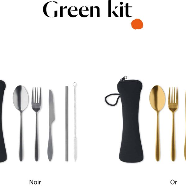 Un ensemble coloré de Parapluie Droit en PET recyclé - Manche en Bois Courbé, couteaux, fourchettes et cuillères.