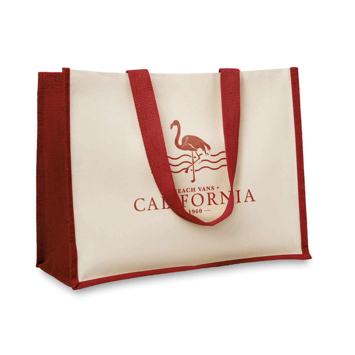 Sac en Toile de Jute Personnalisable Sac en toile de jute. Dimensions : 42 x 19 x 33 cm. Poids : 230 g. Personnalisation : sérigraphie (1 couleur), transfert numérique (quadri). Zone de marquage : 230 x 300 mm. Matière : 100% toile de jute. Couleur : Rouge, Bleu, Noir, Jaune, Écru. Origine : Hors-Europe.