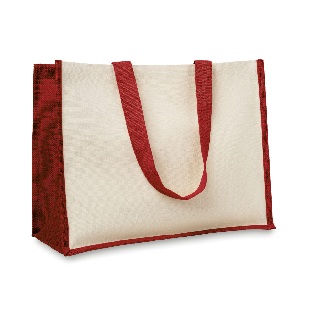 Sac en Toile de Jute Personnalisable Sac en toile de jute. Dimensions : 42 x 19 x 33 cm. Poids : 230 g. Personnalisation : sérigraphie (1 couleur), transfert numérique (quadri). Zone de marquage : 230 x 300 mm. Matière : 100% toile de jute. Couleur : Rouge, Bleu, Noir, Jaune, Écru. Origine : Hors-Europe.