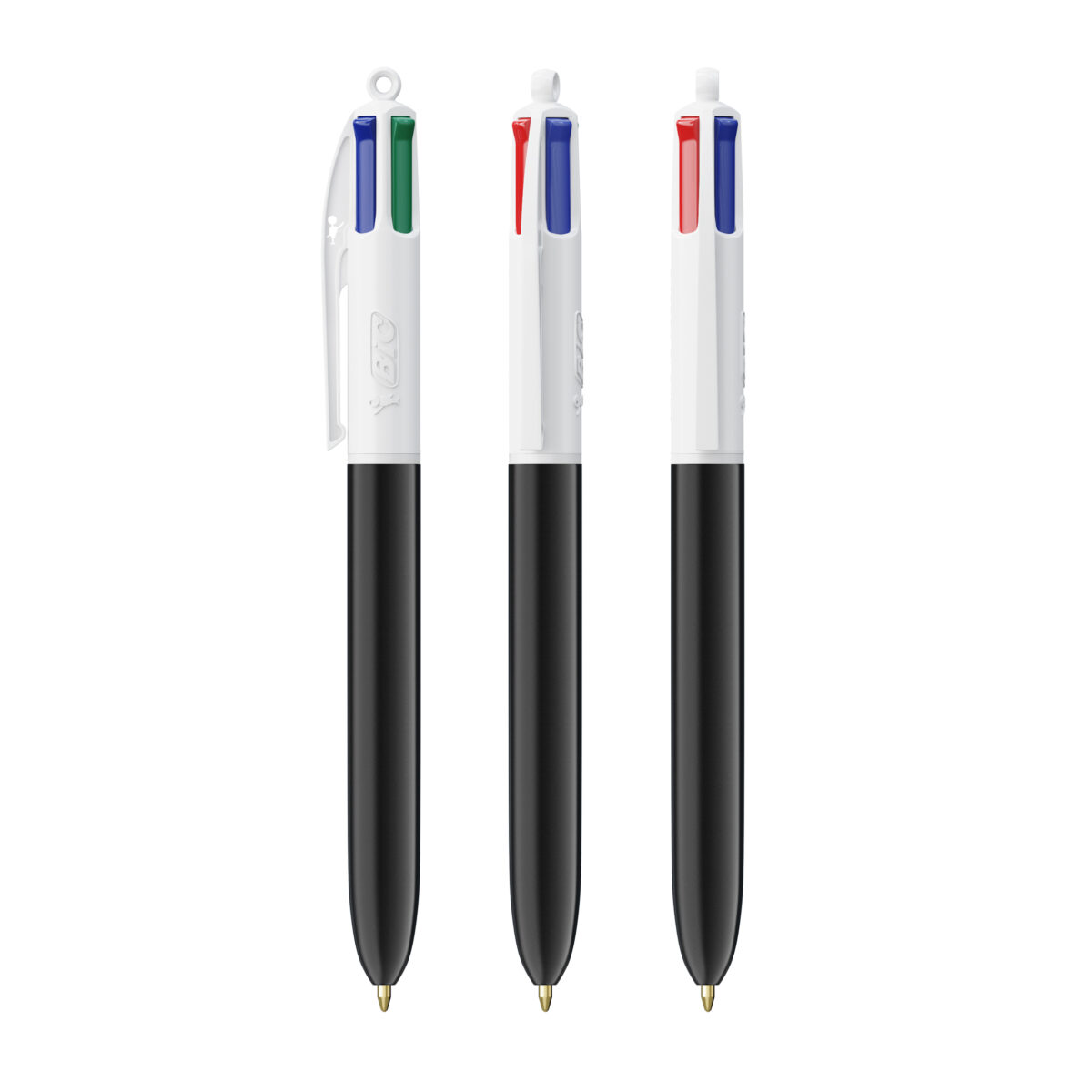 BIC 4 couleurs Bille. Dimensions : 14,4 cm (hauteur) x 1,1 cm (diamètre). Poids : 12,8 g. Personnalisation : sérigraphie (1-4 couleurs), impression numérique (quadri). Zone de marquage : 30 x 43 mm, 35 x 62 mm (full corps). Matière : plastique. Couleurs : blanc, noir, noir & blanc, bleu & blanc, rouge & blanc, vert & blanc. Origine : France.