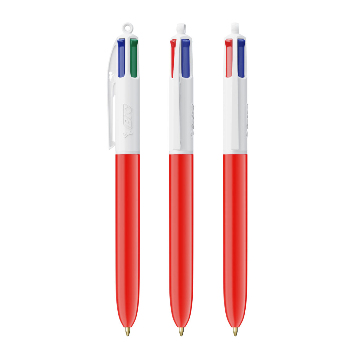 BIC 4 couleurs Bille. Dimensions : 14,4 cm (hauteur) x 1,1 cm (diamètre). Poids : 12,8 g. Personnalisation : sérigraphie (1-4 couleurs), impression numérique (quadri). Zone de marquage : 30 x 43 mm, 35 x 62 mm (full corps). Matière : plastique. Couleurs : blanc, noir, noir & blanc, bleu & blanc, rouge & blanc, vert & blanc. Origine : France.