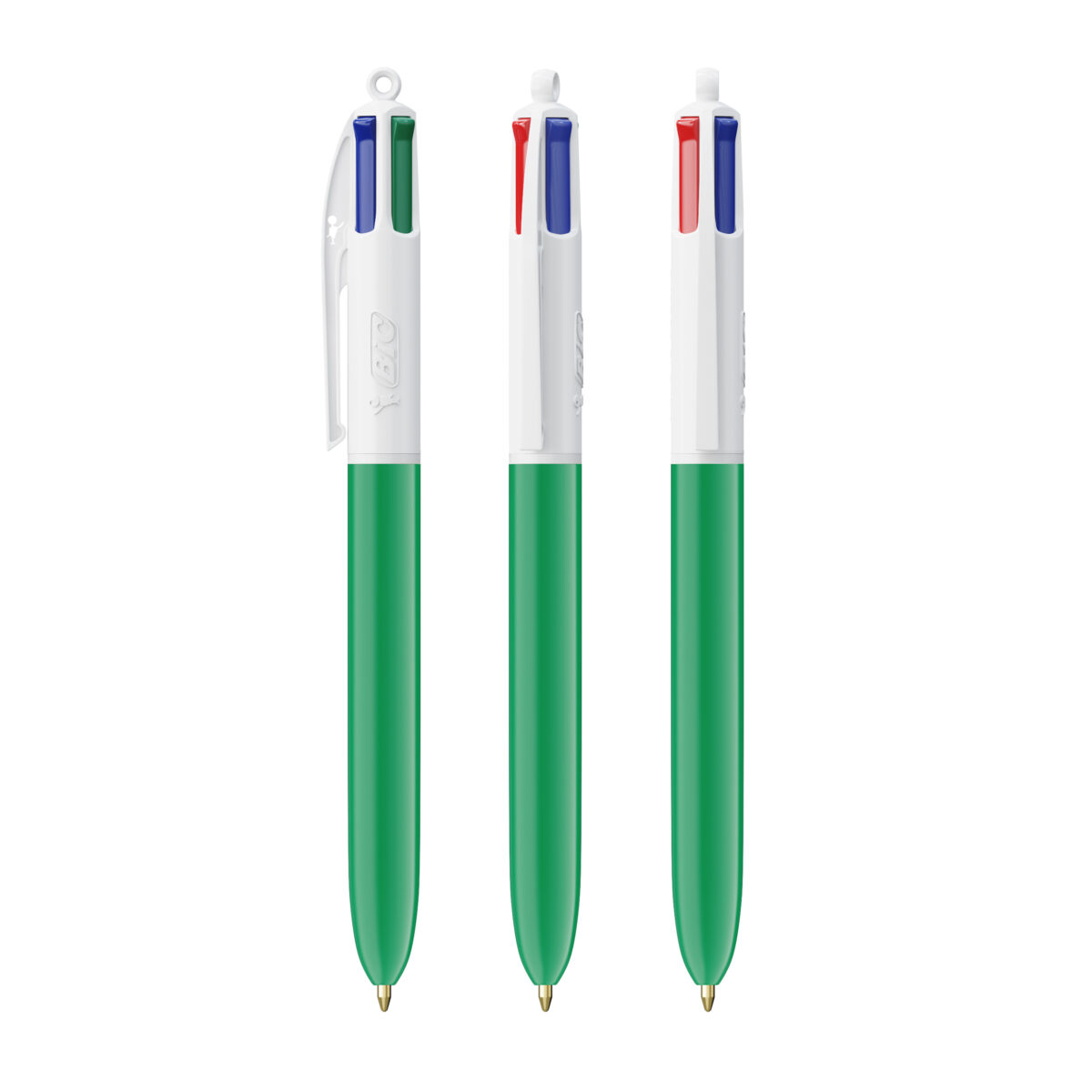 BIC 4 couleurs Bille. Dimensions : 14,4 cm (hauteur) x 1,1 cm (diamètre). Poids : 12,8 g. Personnalisation : sérigraphie (1-4 couleurs), impression numérique (quadri). Zone de marquage : 30 x 43 mm, 35 x 62 mm (full corps). Matière : plastique. Couleurs : blanc, noir, noir & blanc, bleu & blanc, rouge & blanc, vert & blanc. Origine : France.