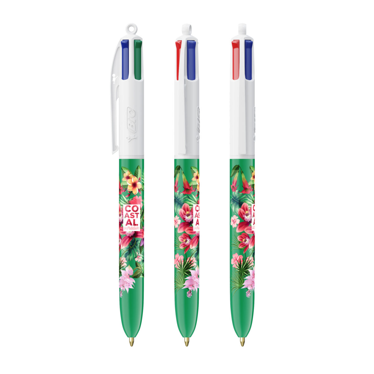 BIC 4 couleurs Bille. Dimensions : 14,4 cm (hauteur) x 1,1 cm (diamètre). Poids : 12,8 g. Personnalisation : sérigraphie (1-4 couleurs), impression numérique (quadri). Zone de marquage : 30 x 43 mm, 35 x 62 mm (full corps). Matière : plastique. Couleurs : blanc, noir, noir & blanc, bleu & blanc, rouge & blanc, vert & blanc. Origine : France.
