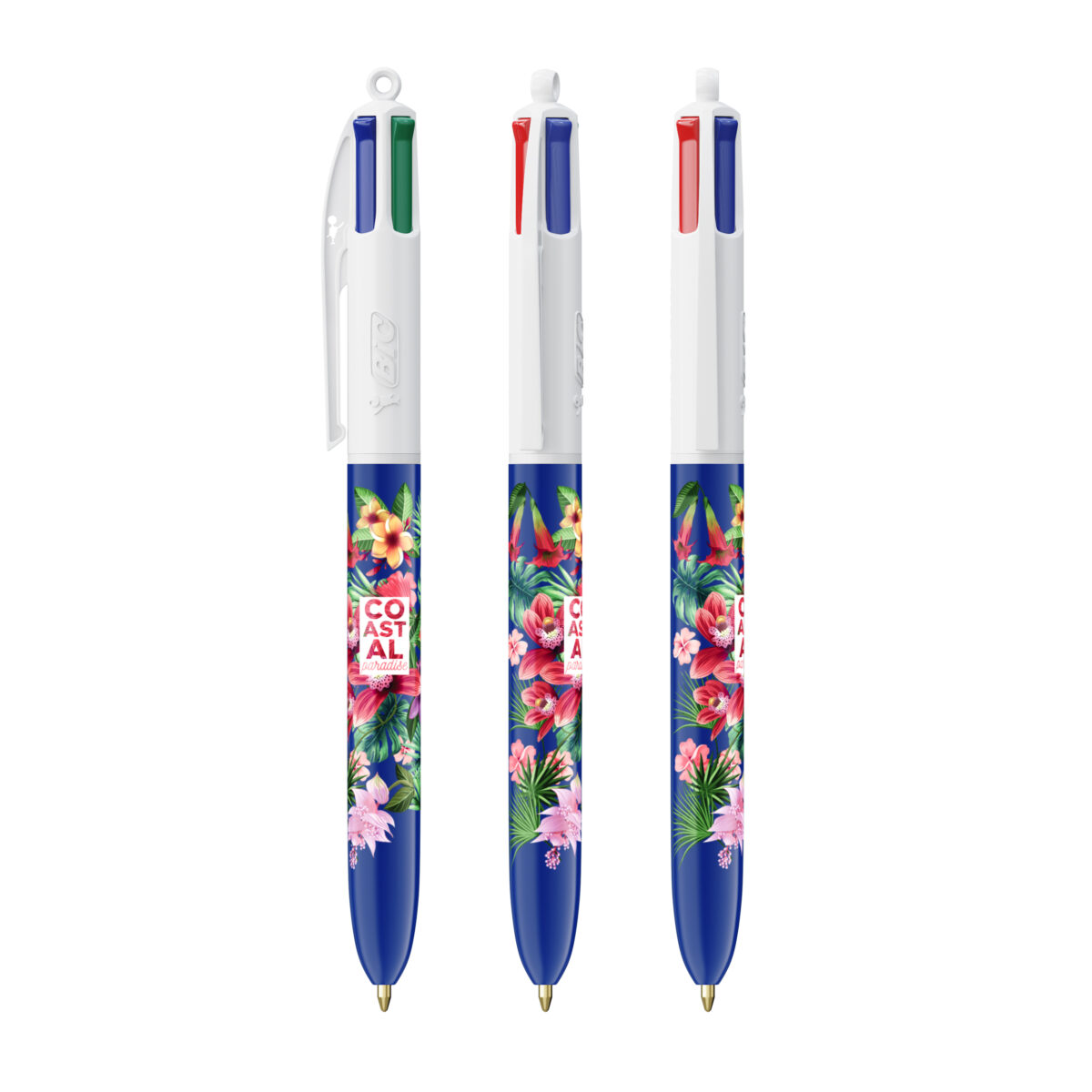 BIC 4 couleurs Bille. Dimensions : 14,4 cm (hauteur) x 1,1 cm (diamètre). Poids : 12,8 g. Personnalisation : sérigraphie (1-4 couleurs), impression numérique (quadri). Zone de marquage : 30 x 43 mm, 35 x 62 mm (full corps). Matière : plastique. Couleurs : blanc, noir, noir & blanc, bleu & blanc, rouge & blanc, vert & blanc. Origine : France.