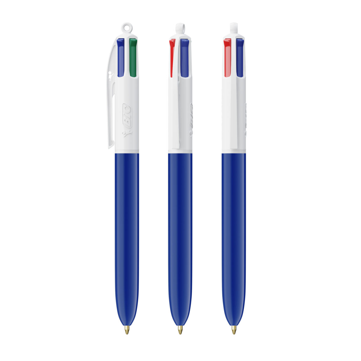 BIC 4 couleurs Bille. Dimensions : 14,4 cm (hauteur) x 1,1 cm (diamètre). Poids : 12,8 g. Personnalisation : sérigraphie (1-4 couleurs), impression numérique (quadri). Zone de marquage : 30 x 43 mm, 35 x 62 mm (full corps). Matière : plastique. Couleurs : blanc, noir, noir & blanc, bleu & blanc, rouge & blanc, vert & blanc. Origine : France.