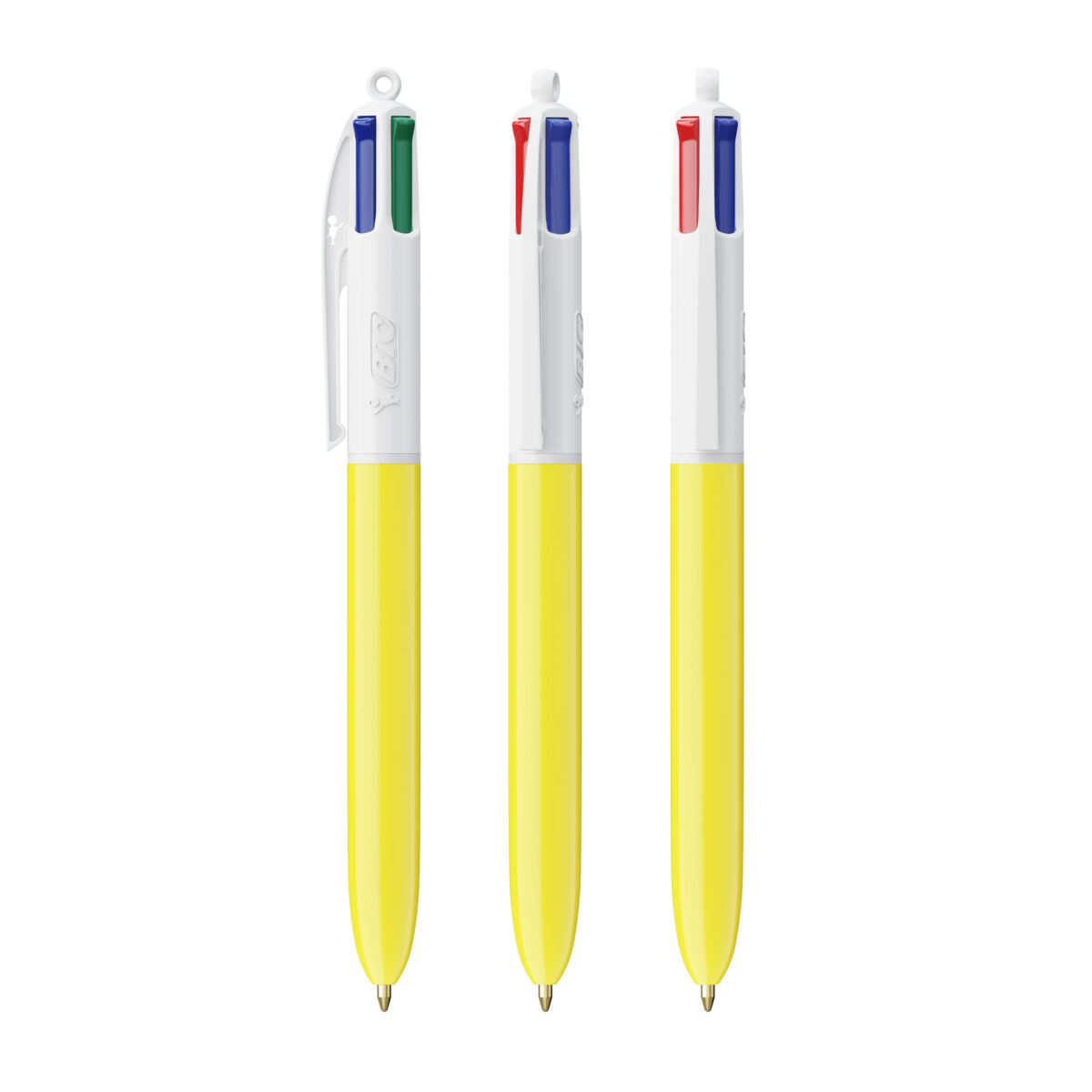 BIC 4 couleurs Bille. Dimensions : 14,4 cm (hauteur) x 1,1 cm (diamètre). Poids : 12,8 g. Personnalisation : sérigraphie (1-4 couleurs), impression numérique (quadri). Zone de marquage : 30 x 43 mm, 35 x 62 mm (full corps). Matière : plastique. Couleurs : blanc, noir, noir & blanc, bleu & blanc, rouge & blanc, vert & blanc. Origine : France.