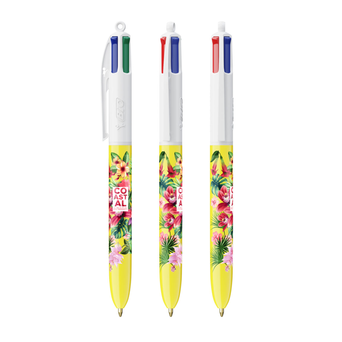 BIC 4 couleurs Bille. Dimensions : 14,4 cm (hauteur) x 1,1 cm (diamètre). Poids : 12,8 g. Personnalisation : sérigraphie (1-4 couleurs), impression numérique (quadri). Zone de marquage : 30 x 43 mm, 35 x 62 mm (full corps). Matière : plastique. Couleurs : blanc, noir, noir & blanc, bleu & blanc, rouge & blanc, vert & blanc. Origine : France.