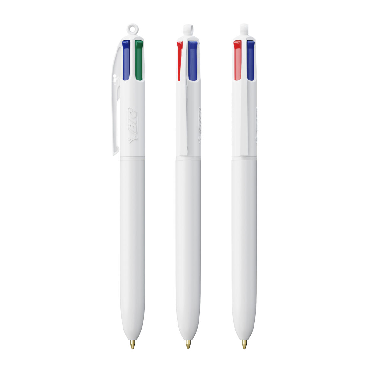 BIC 4 couleurs Bille. Dimensions : 14,4 cm (hauteur) x 1,1 cm (diamètre). Poids : 12,8 g. Personnalisation : sérigraphie (1-4 couleurs), impression numérique (quadri). Zone de marquage : 30 x 43 mm, 35 x 62 mm (full corps). Matière : plastique. Couleurs : blanc, noir, noir & blanc, bleu & blanc, rouge & blanc, vert & blanc. Origine : France.