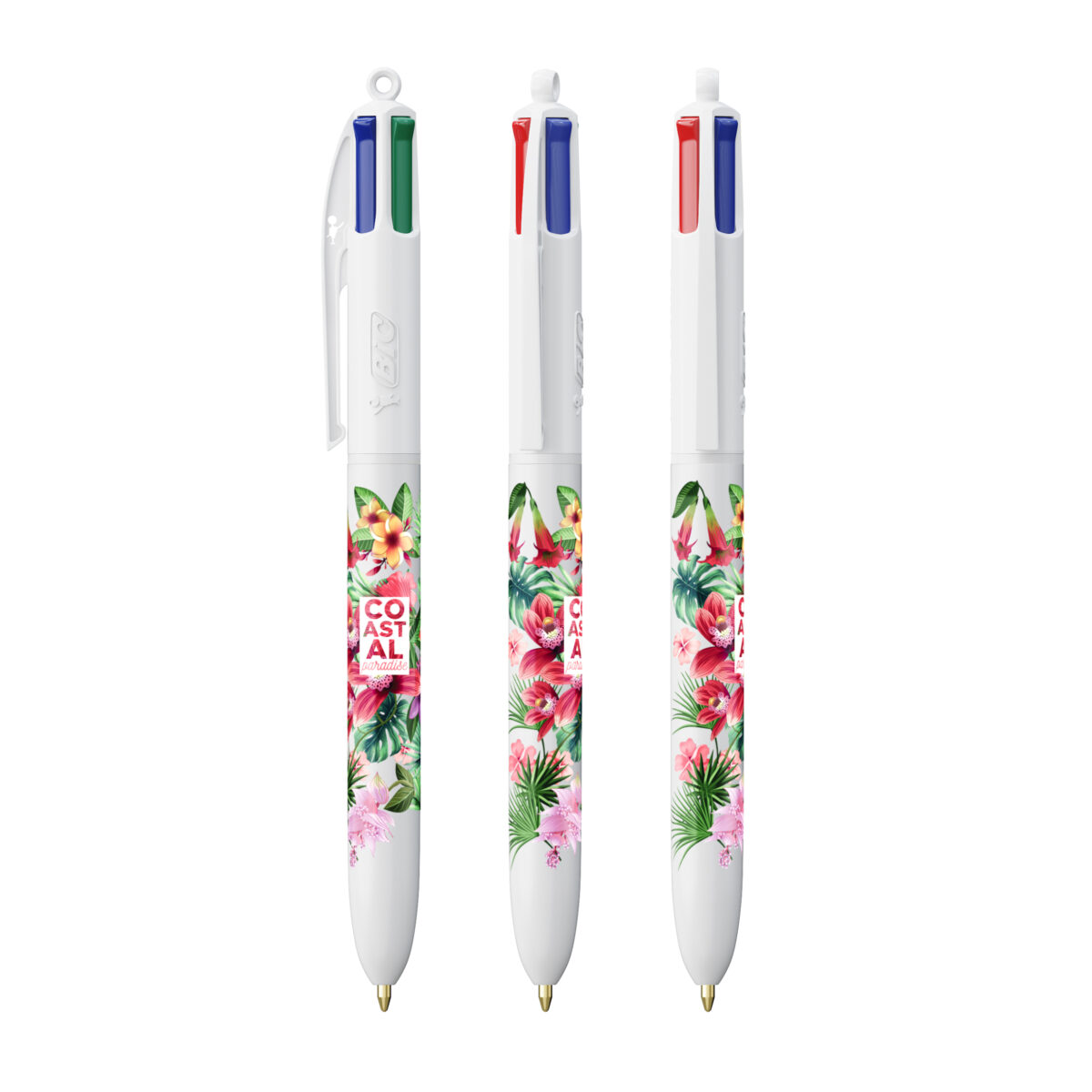 BIC 4 couleurs Bille. Dimensions : 14,4 cm (hauteur) x 1,1 cm (diamètre). Poids : 12,8 g. Personnalisation : sérigraphie (1-4 couleurs), impression numérique (quadri). Zone de marquage : 30 x 43 mm, 35 x 62 mm (full corps). Matière : plastique. Couleurs : blanc, noir, noir & blanc, bleu & blanc, rouge & blanc, vert & blanc. Origine : France.