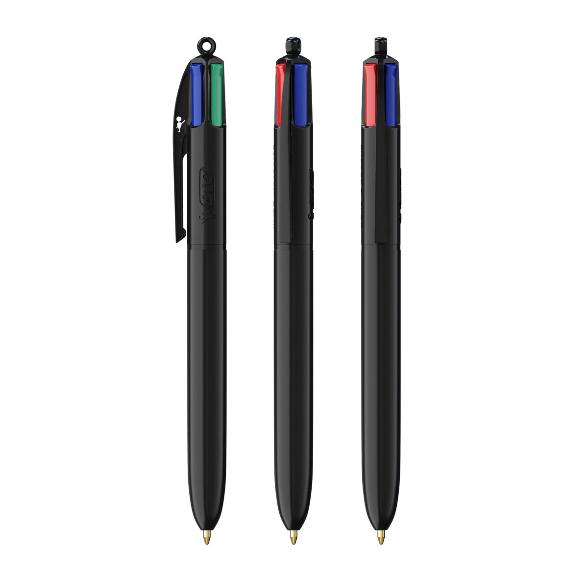 BIC 4 couleurs Bille. Dimensions : 14,4 cm (hauteur) x 1,1 cm (diamètre). Poids : 12,8 g. Personnalisation : sérigraphie (1-4 couleurs), impression numérique (quadri). Zone de marquage : 30 x 43 mm, 35 x 62 mm (full corps). Matière : plastique. Couleurs : blanc, noir, noir & blanc, bleu & blanc, rouge & blanc, vert & blanc. Origine : France.