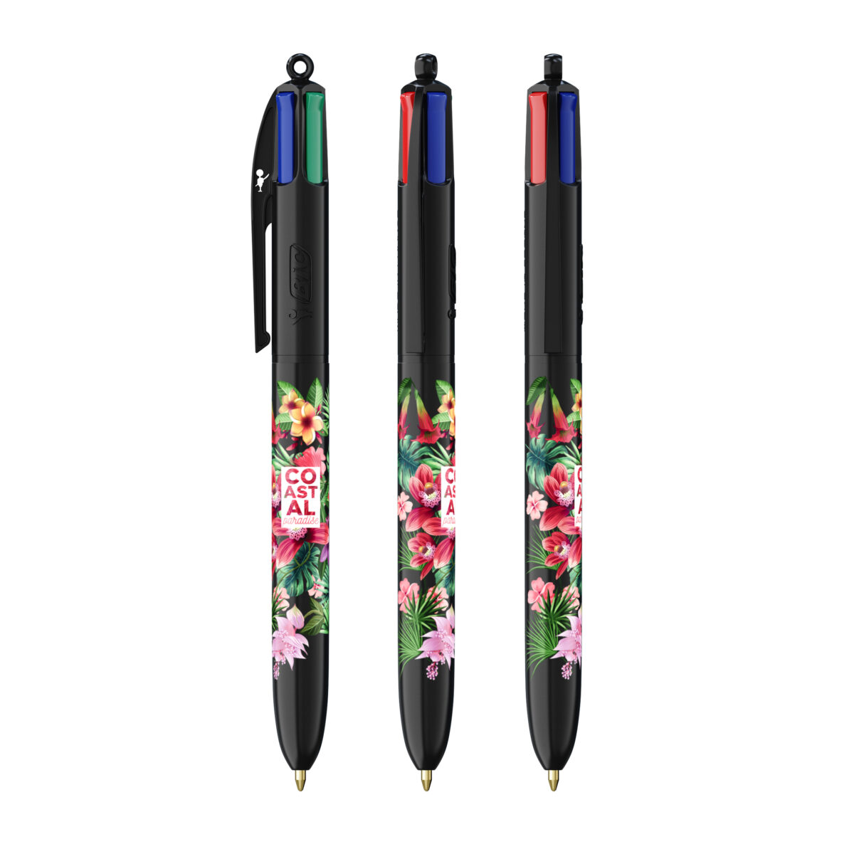 BIC 4 couleurs Bille. Dimensions : 14,4 cm (hauteur) x 1,1 cm (diamètre). Poids : 12,8 g. Personnalisation : sérigraphie (1-4 couleurs), impression numérique (quadri). Zone de marquage : 30 x 43 mm, 35 x 62 mm (full corps). Matière : plastique. Couleurs : blanc, noir, noir & blanc, bleu & blanc, rouge & blanc, vert & blanc. Origine : France.
