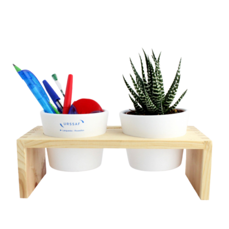 Plateau Bois gravé avec 2 Pots Céramiques