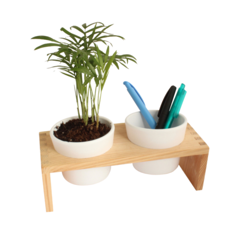 Plateau Bois gravé avec 2 Pots Céramiques – vue 2