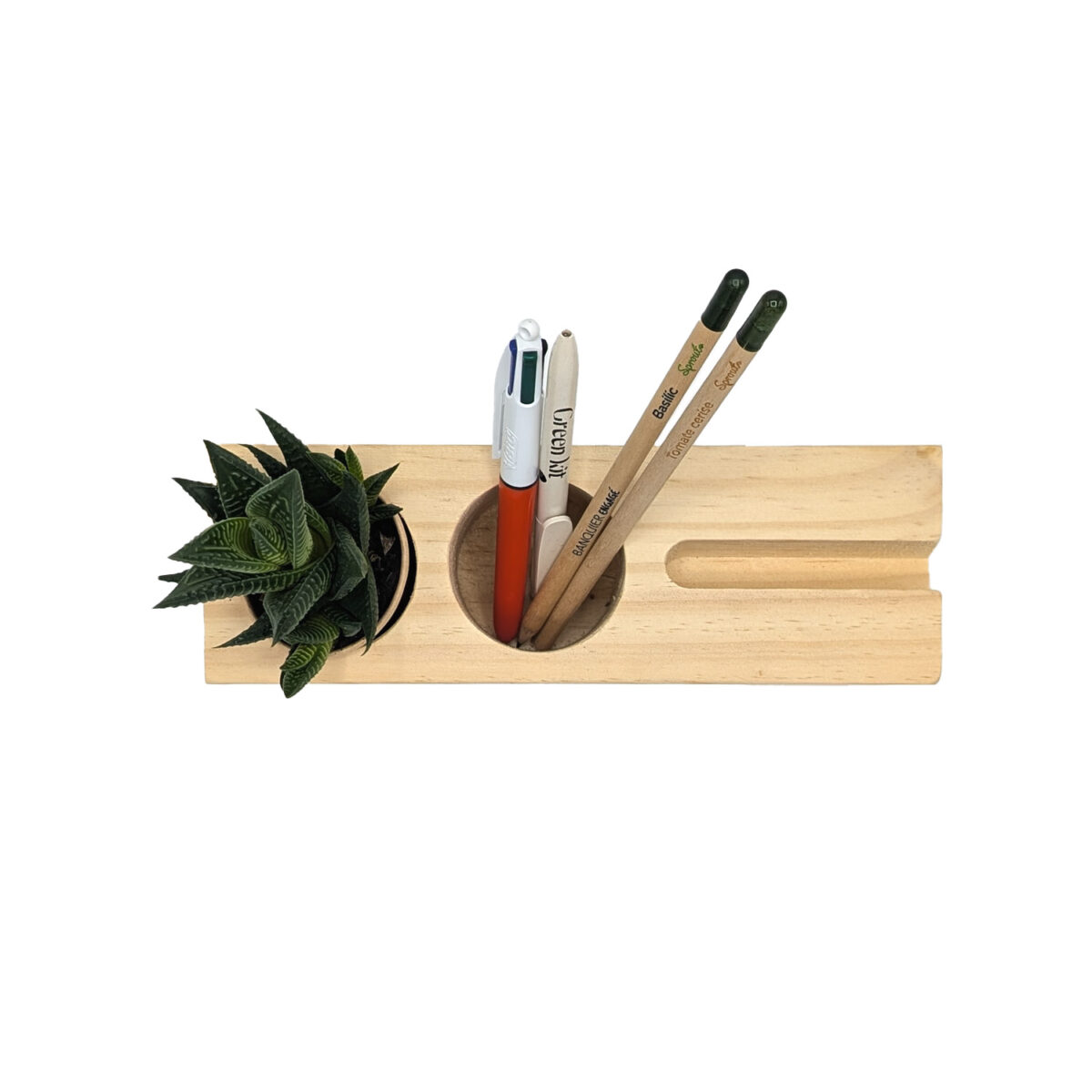 Organisateur de bureau bois personnalisé avec pot à crayon, support téléphone et kit de plantation. Gravure laser ou tampographie.