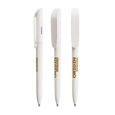 3 vues différentes du stylo bic super clip origin de couleur beige sur fond blanc