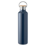Gourde en acier inoxydable 1L à double paroi avec isolation thermique et couvercle en bambou doté d'une poignée de transport.
