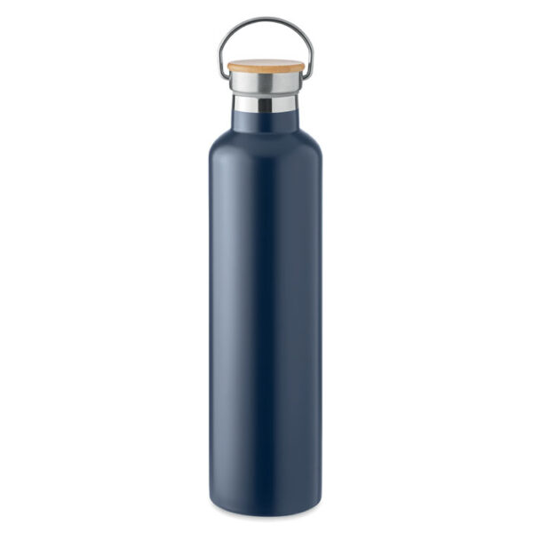 Gourde en acier inoxydable 1L à double paroi avec isolation thermique et couvercle en bambou doté d'une poignée de transport.