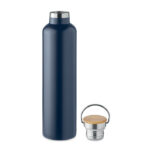 Gourde en acier inoxydable 1L à double paroi avec isolation thermique et couvercle en bambou doté d'une poignée de transport.
