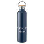 Gourde en acier inoxydable 1L à double paroi avec isolation thermique et couvercle en bambou doté d'une poignée de transport.
