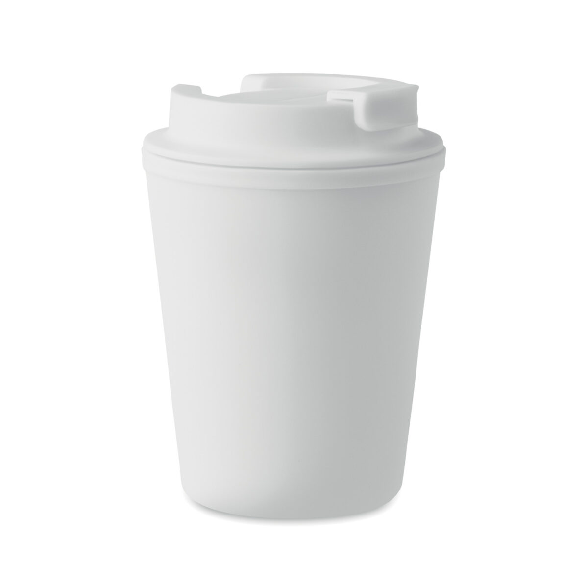 Mug Isotherme à Couvercle en PP Recyclé <strong data-start="209" data-end="229">Mug double paroi</strong> en polypropylène de 300 ml, dimensions Ø9 x 12 cm, poids 9,9 g. Compatible micro-ondes et lave-vaisselle. Personnalisation par tampographie 1 à 4 couleurs (30 x 40 mm) ou sérigraphie circulaire (50 x 220 mm).