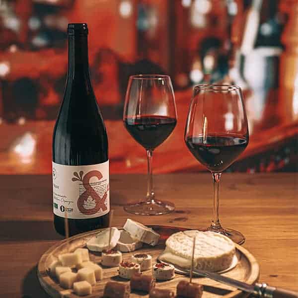 vin rouge syrah 2020 servi avec un plateau de fromage