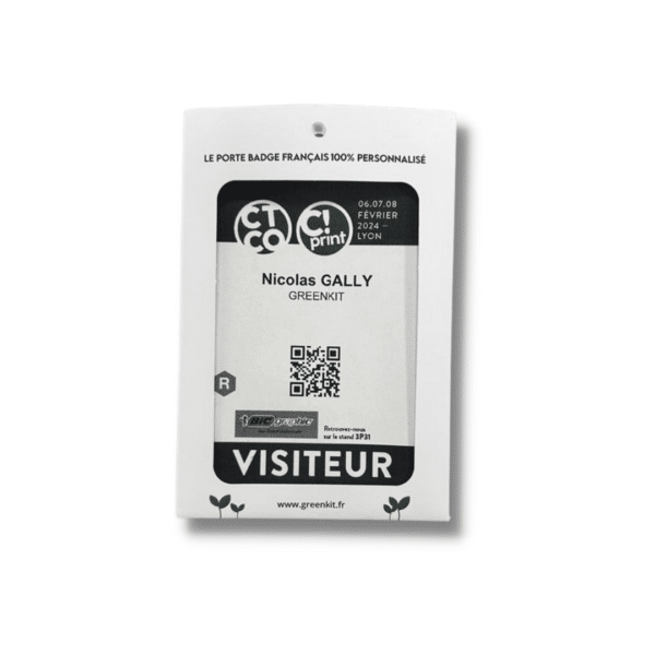 Une carte de visiteur Porte-Badge Format A6 en Papier FSC Ultra Personnalisable comportant une photo d'un homme et d'une femme.