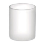 Une bougie blanche sur surface blanche, entourée d'un Mug en Verre Dépoli - 300ml.