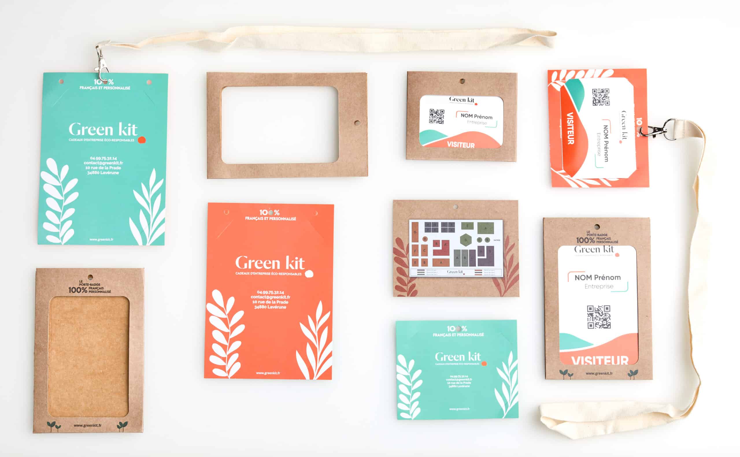 Prise de vue du dessus de la gamme de porte badge en carton kraft de chez Greenkit