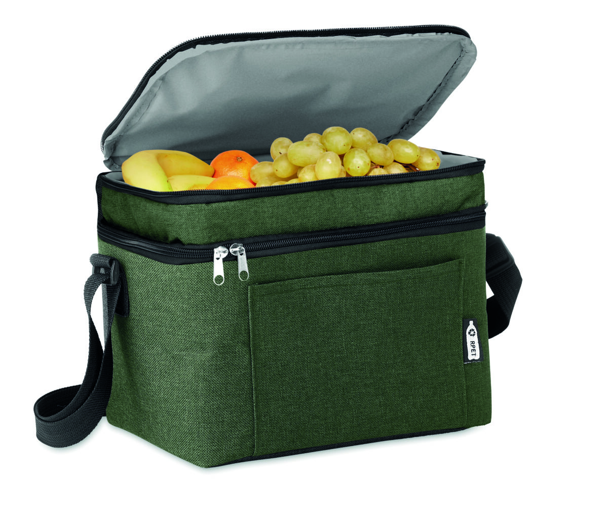 Sac isotherme deux compartiments RPET pour pique-nique et plage Le sac isotherme, en RPET 600D, est <strong>parfait pour organiser vos journées à la plage ou vos pique-niques</strong>. Avec ses deux compartiments et sa doublure PEVA, il conserve vos aliments frais plus longtemps