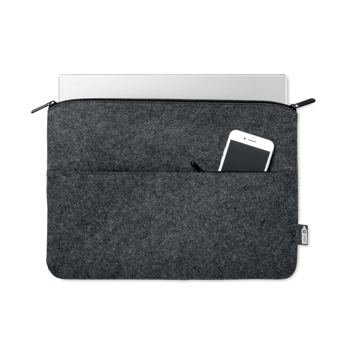 Sacoche pour ordinateur portable en feutre RPET <strong data-start="155" data-end="199" data-is-only-node="">Sacoche d'ordinateur en feutre 14 pouces</strong> en feutre RPET, légère avec une contenance adaptée aux appareils jusqu'à 14 pouces. Dimensions 36 x 26 cm, poids de 0,104 kg. Personnalisable en sérigraphie 1 couleur ou transfert numérique sur trois zones : poche avant (250 x 90 mm), partie supérieure avant (250 x 40 mm) et arrière (300 x 200 mm).