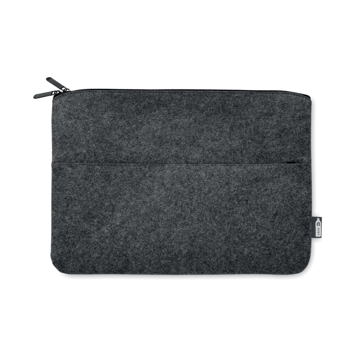 Sacoche pour ordinateur portable en feutre RPET <strong data-start="155" data-end="199" data-is-only-node="">Sacoche d'ordinateur en feutre 14 pouces</strong> en feutre RPET, légère avec une contenance adaptée aux appareils jusqu'à 14 pouces. Dimensions 36 x 26 cm, poids de 0,104 kg. Personnalisable en sérigraphie 1 couleur ou transfert numérique sur trois zones : poche avant (250 x 90 mm), partie supérieure avant (250 x 40 mm) et arrière (300 x 200 mm).