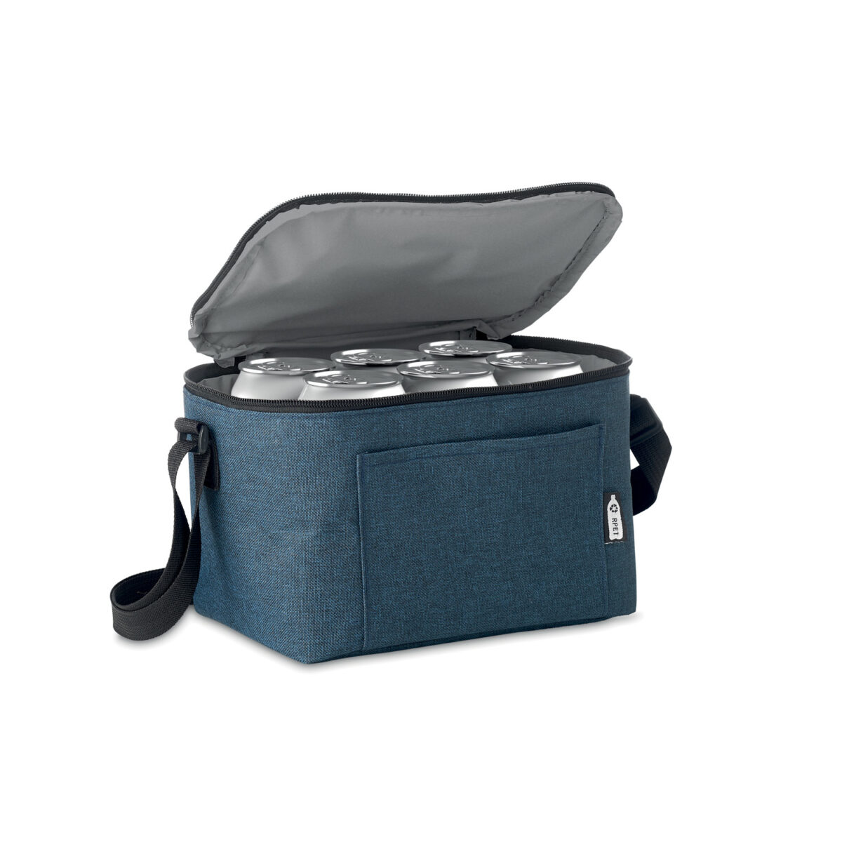 Sac isotherme durable 6 canettes en RPET pour activités extérieures Emportez notre sac isotherme en RPET pour vos sorties. Conçu pour 6 canettes, avec poche frontale et bandoulière, <strong>il garde vos boissons fraîches</strong> tout en respectant l'environnement.