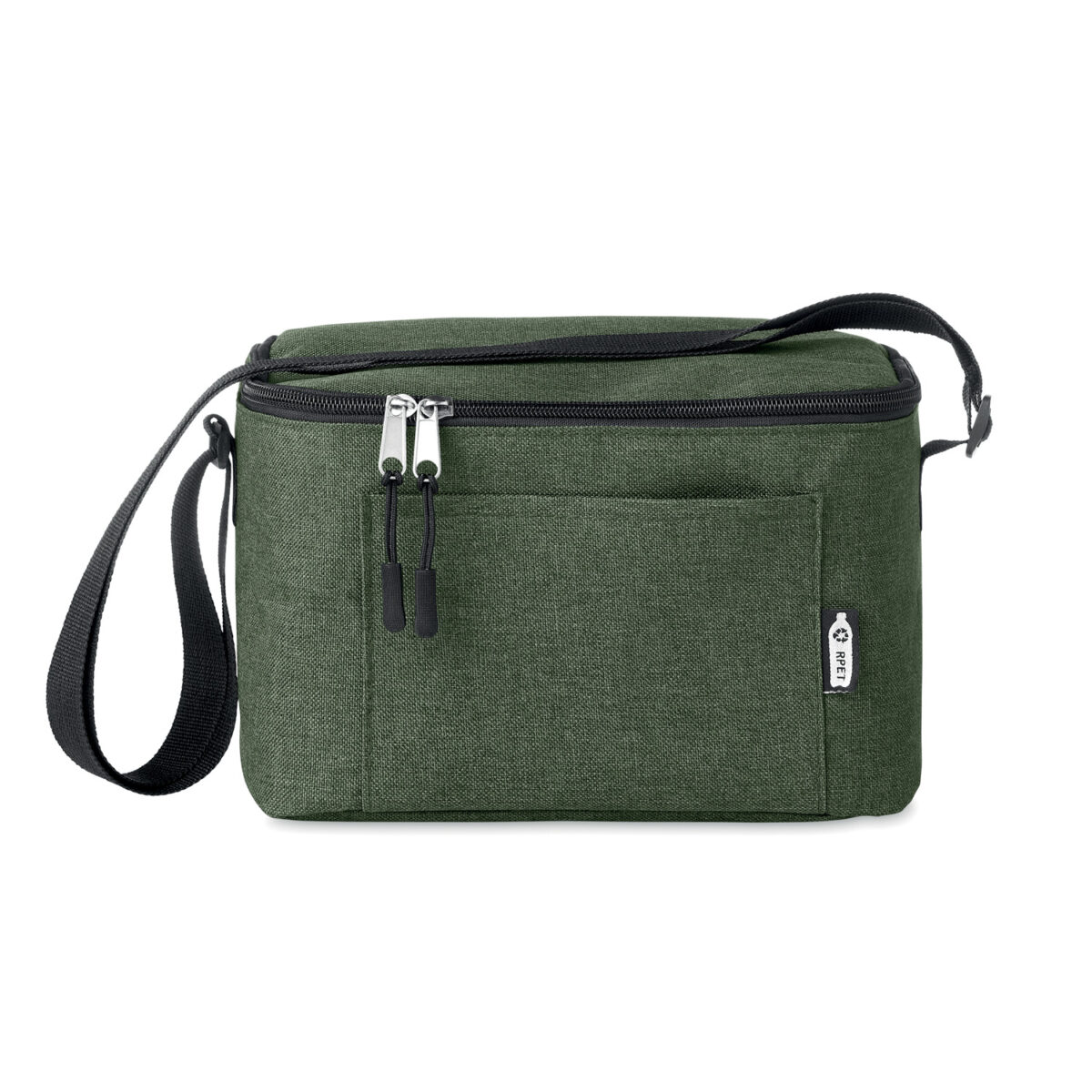 Sac isotherme durable 6 canettes en RPET pour activités extérieures Emportez notre sac isotherme en RPET pour vos sorties. Conçu pour 6 canettes, avec poche frontale et bandoulière, <strong>il garde vos boissons fraîches</strong> tout en respectant l'environnement.