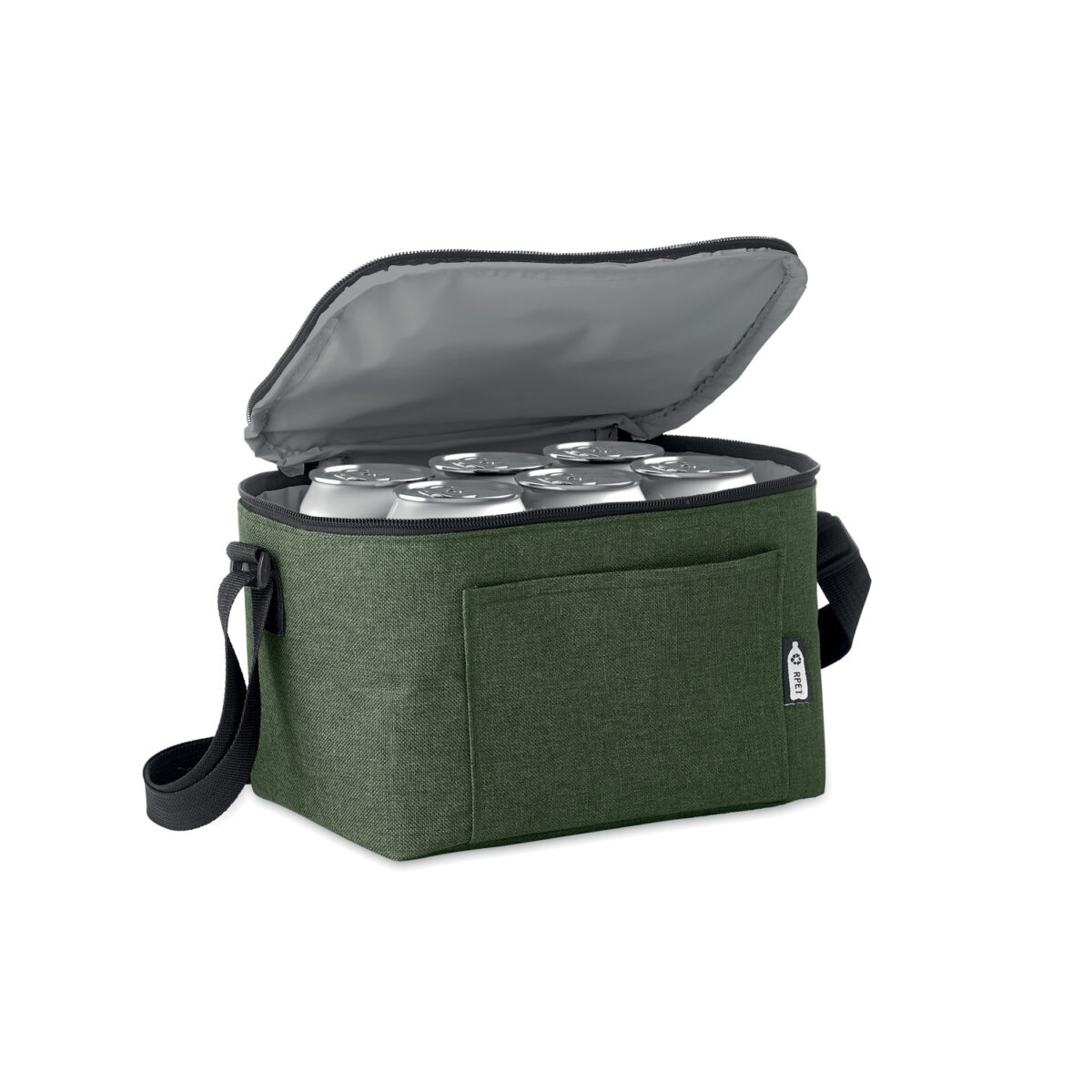 Sac isotherme durable 6 canettes en RPET pour activités extérieures Emportez notre sac isotherme en RPET pour vos sorties. Conçu pour 6 canettes, avec poche frontale et bandoulière, <strong>il garde vos boissons fraîches</strong> tout en respectant l'environnement.