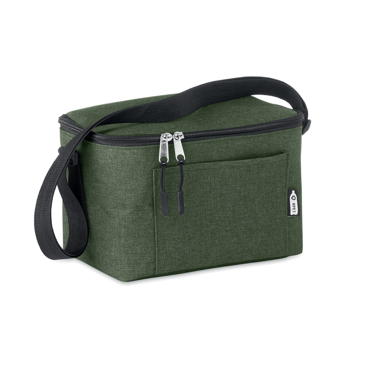 Sac isotherme durable 6 canettes en RPET pour activités extérieures Emportez notre sac isotherme en RPET pour vos sorties. Conçu pour 6 canettes, avec poche frontale et bandoulière, <strong>il garde vos boissons fraîches</strong> tout en respectant l'environnement.