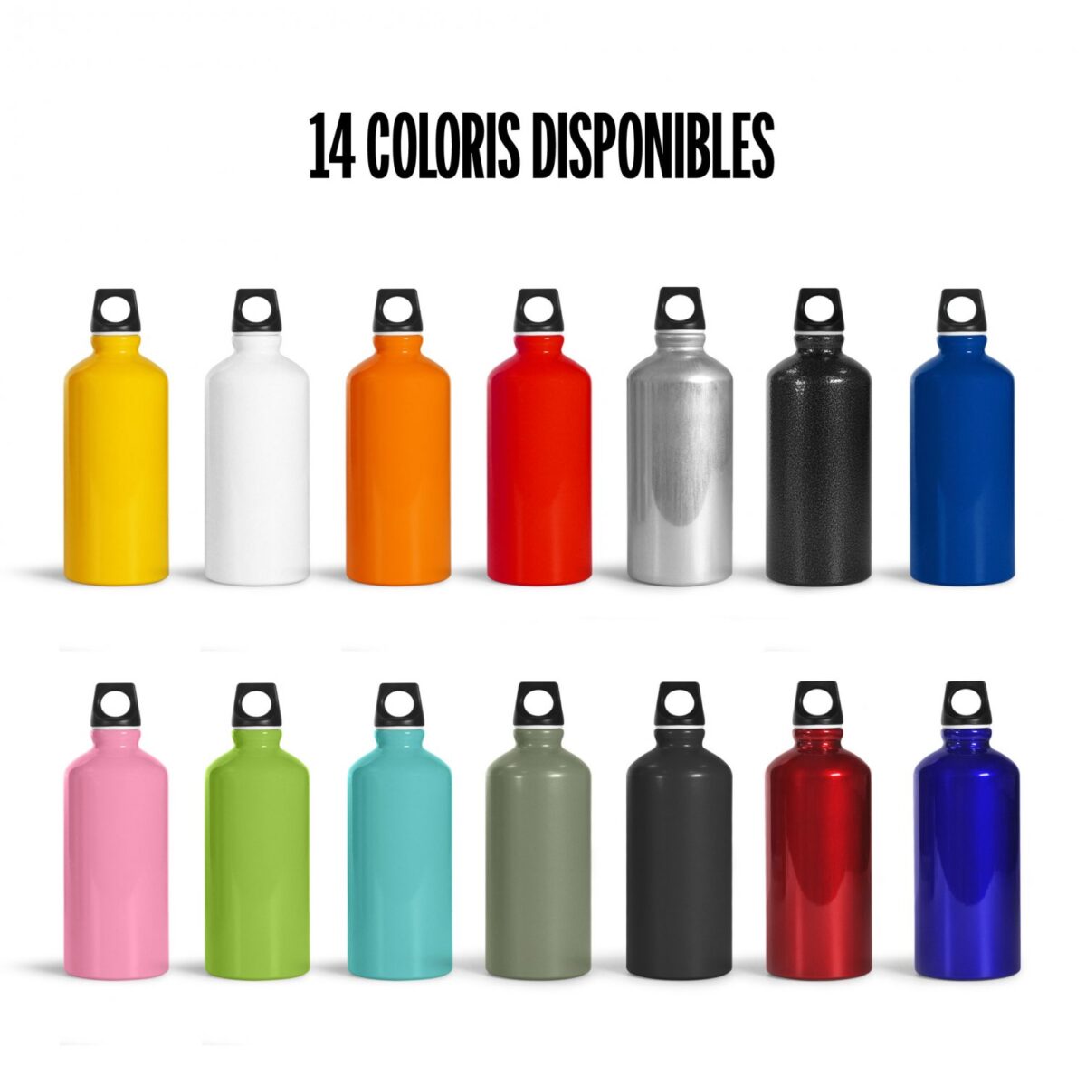 Bouteille personnalisable en aluminium recyclé 600 ml Cette bouteille en aluminium recyclé de 600ml, fabriquée en Espagne, propose une personnalisation par sérigraphie circulaire en une couleur sur toute la surface. Disponible en plusieurs couleurs : noir granité, aluminium, jaune, orange, rose, vert, turquoise, kaki, rouge métallisé, et reflex métallisé.