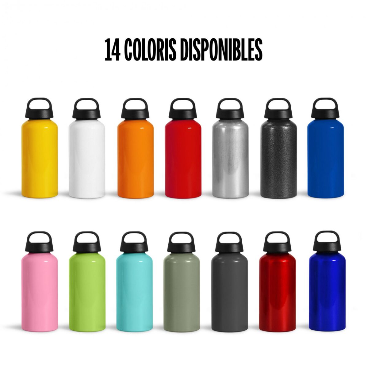Bouteille personnalisable en aluminium recyclé 600 ml Cette bouteille en aluminium recyclé de 600ml, fabriquée en Espagne, propose une personnalisation par sérigraphie circulaire en une couleur sur toute la surface. Disponible en plusieurs couleurs : noir granité, aluminium, jaune, orange, rose, vert, turquoise, kaki, rouge métallisé, et reflex métallisé.