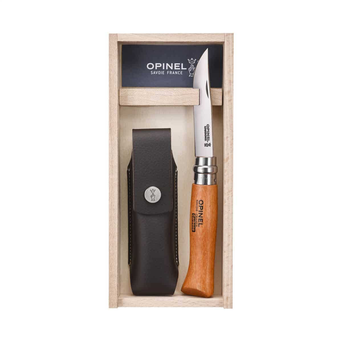 Couteau de poche Opinel N°08 en acier inoxydable avec manche en bois et étui en imitation cuir, personnalisable par gravure laser