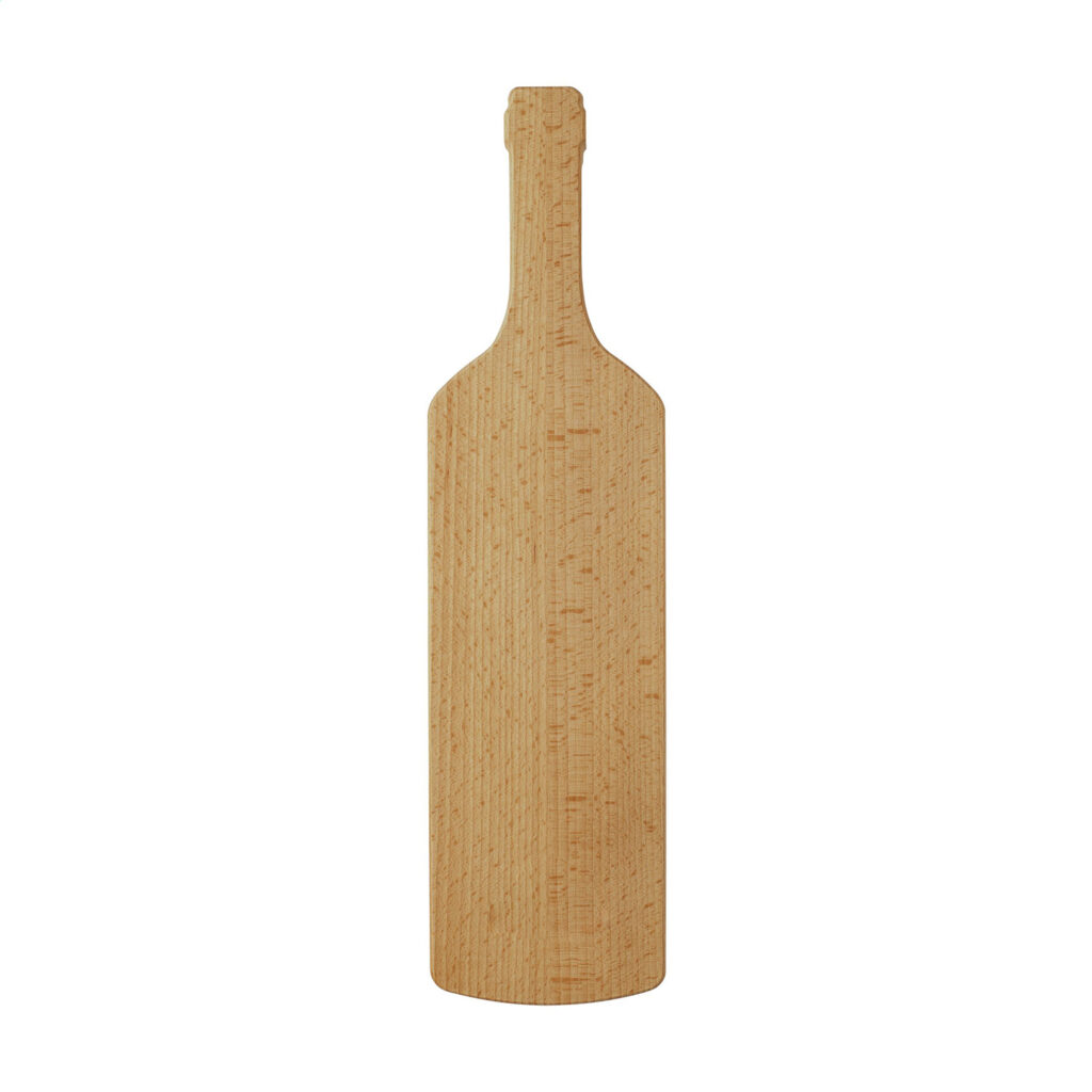 Planche de service en bois de hêtre en forme de bouteille de vin, personnalisable par gravure laser, avec détails du bois et de la finition naturelle.