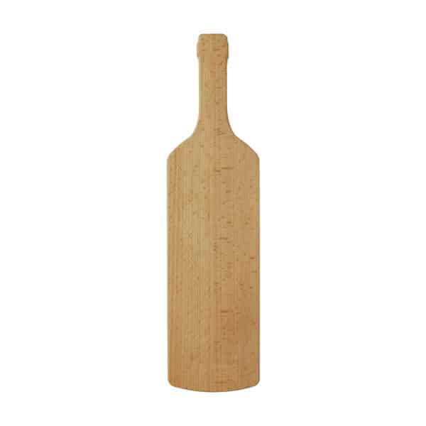 Planche de service en bois de hêtre en forme de bouteille de vin, personnalisable par gravure laser, avec détails du bois et de la finition naturelle.